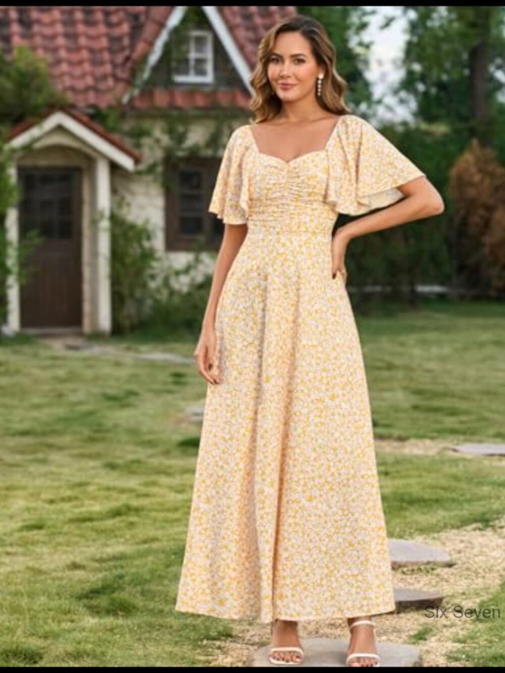 Polyester Maxi Dress with Smocked Back, V-Neck, A-Line Flowy Summer Casual - Picture 2 of 6